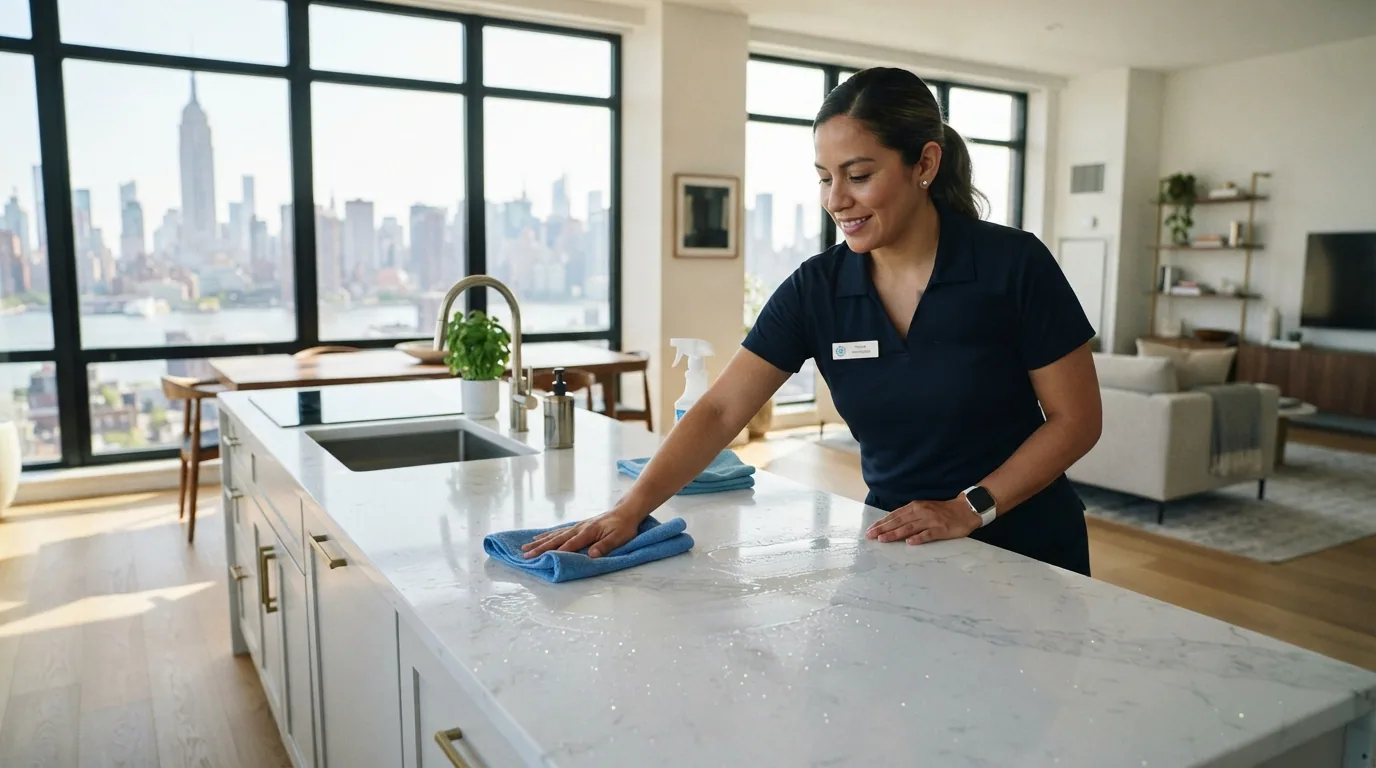 Cleaning specialist at work in a Downtown Brooklyn high-rise apartment